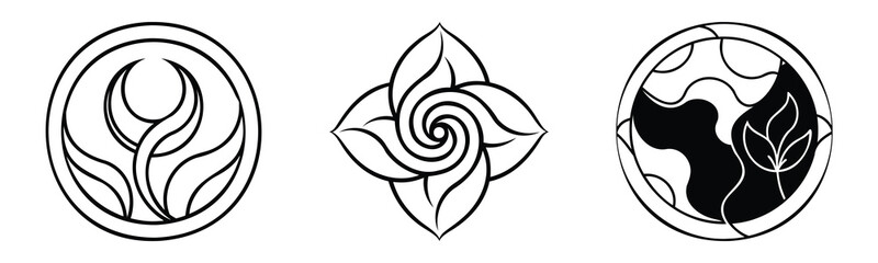 Fototapeta premium Minimalist black and white floral line art set featuring stylized rose bud blossom patterns circular nature emblem symbols and icons.
