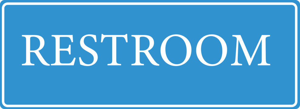 A blue rectangular sign with a white border and the word RESTROOM in clear white font.