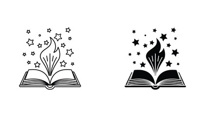 Open book with magic sparkles silhouette and line art vector illustration for education and fantasy storytelling branding isolated on white background © Echo