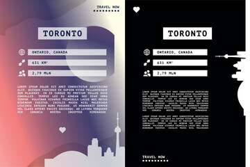 Naklejka premium Toronto, Canada poster, page design template with city information data and text areas. Travel marketing and tourism infographics concept for brochures, web design
