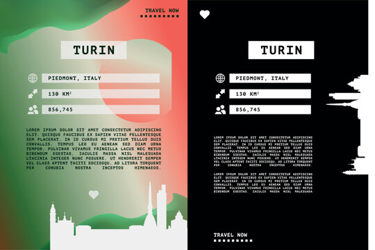 Turin, Italy poster, page design template with city information data and text areas. Travel marketing and tourism infographics concept for brochures, web design