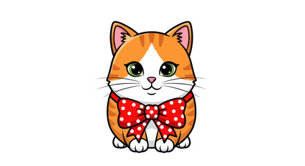 Obraz premium Cute cartoon ginger cat wearing a red polka dot bow tie, isolated on white background.