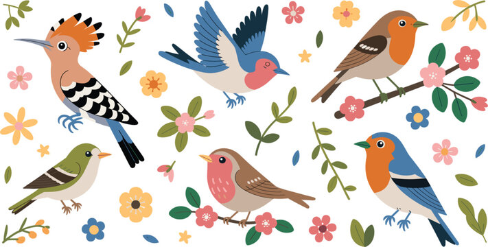 Colorful birds and flowers vector illustration, wildlife nature composition, spring garden scene, flat design decorative elements