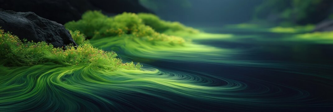 Green algae swirling patterns in dark river surface landscape