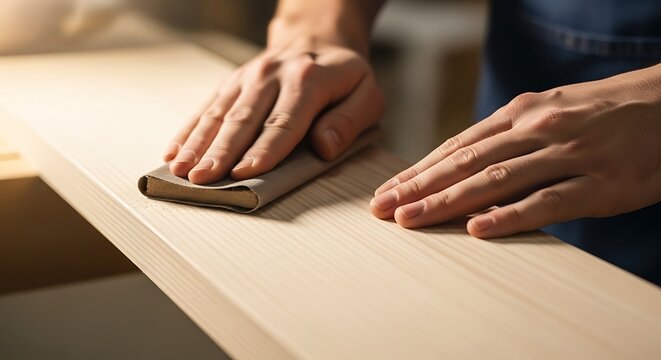 Close-up of hands sanding a wooden board with sandpaper in a workshop