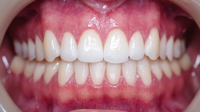 Close Up Mouth with Clean Well Aligned Upper Lower Teeth Firm Pink Healthy Gums Dental Health Oral Hygiene Medical Photography