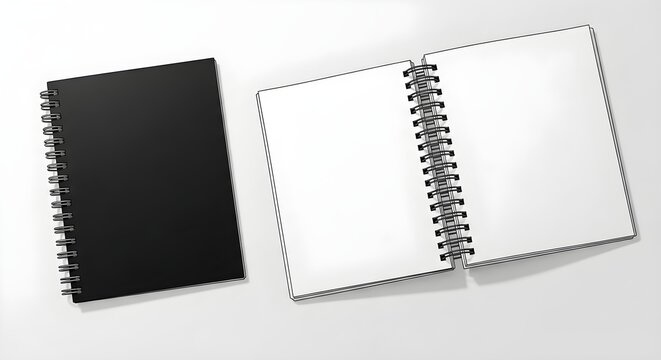 Top view of a black spiral notebook next to an open blank spiral notebook isolated on white background