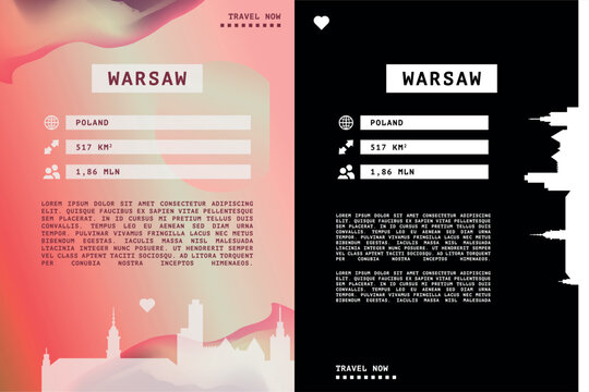 Warsaw, Poland poster, page design template with city information data and text areas. Travel marketing and tourism infographics concept for brochures, web design