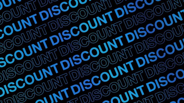 DISCOUNT neon glow text opening motion animation video, ecommerce marketing repeating scrolling text kinetic typography seamless loop intro social media blue type on black backdrop bg outro background