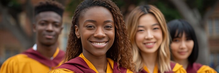 Fototapeta premium Lead graduate smiling with peers in campus panorama