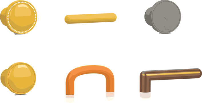 Set of six different cabinet knobs and handle pulls in various metallic finishes isolated on white background.