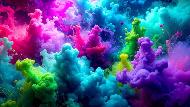 Swirling plumes creating a multi hued ethereal cloudscape forming an immersive rainbow of smoke and vapor.