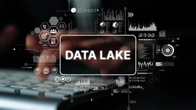Hands Typing on Keyboard with Data Lake Concept and Digital Graphics Representing Data Analysis and Storage. Asymptotic smart data analytic.
