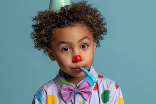 Toddler with red clown nose blowing horn in studio