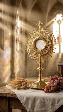 Eucharistic holy sacrament: Corpus Christi, Body Blood, Christ Feast, true religion, divine grace, sacred host, monstrance glow, church light, grape wheat, altar table.
