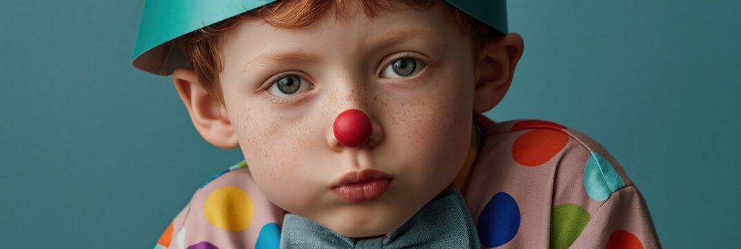 Toddler wearing red clown nose looking solemn studio portrait