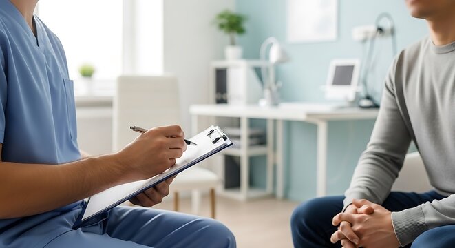 Healthcare professional taking notes during a consultation with a patient in a modern clinic setting.