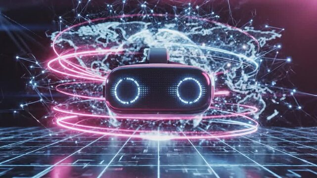 A futuristic virtual reality headset floats in a digital space with glowing neon light trails, representing immersive technology
