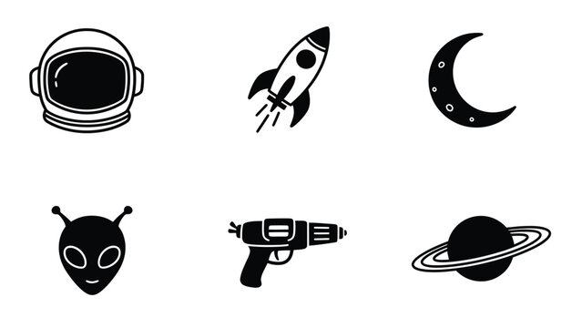 Collection of six simple black and white icons representing space exploration and science fiction themes.