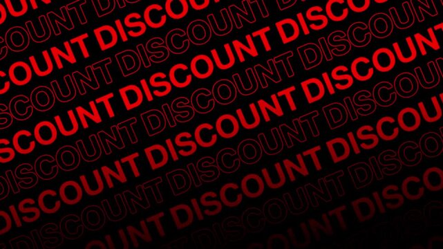 DISCOUNT neon glow text opening motion animation video, ecommerce marketing repeating scrolling text kinetic typography seamless loop intro social media red type on black backdrop bg outro background 
