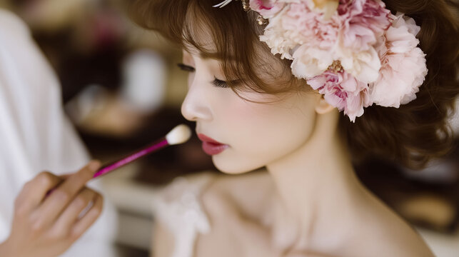 結婚式当日、ブライダルルームで美しく花嫁支度を進める新婦のやさしく華やかな様子