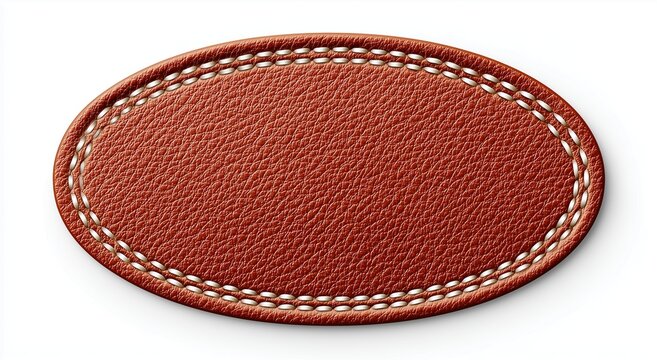 Isolated red brown oval leather patch with stitched border, white background