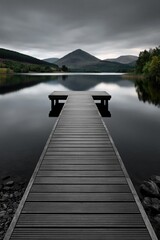 Fototapeta premium Wooden dock leading toward mountain over calm lake