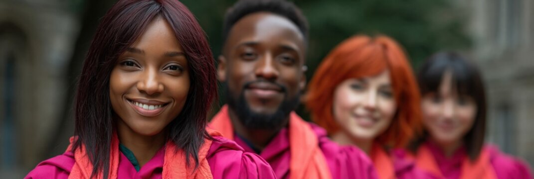 Group of diverse graduates smiling in robes on campus walkway