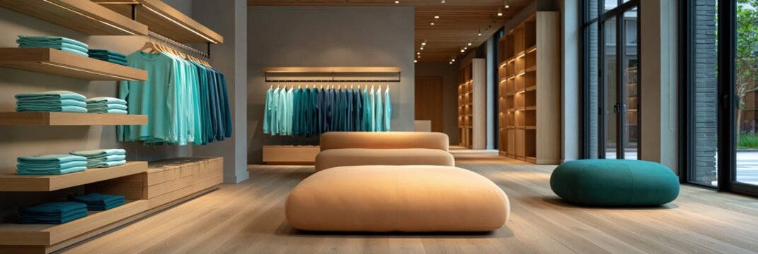 Minimal clothing store interior with display racks and seating