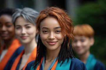 Fototapeta premium Young woman smiling with classmates at graduation ceremony