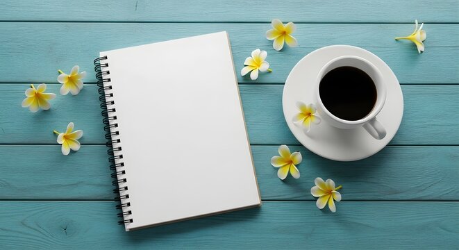Top view of a blank spiral notebook on a blue wooden table with a cup of coffee and white plumeria flowers, perfect for morning planning or journaling