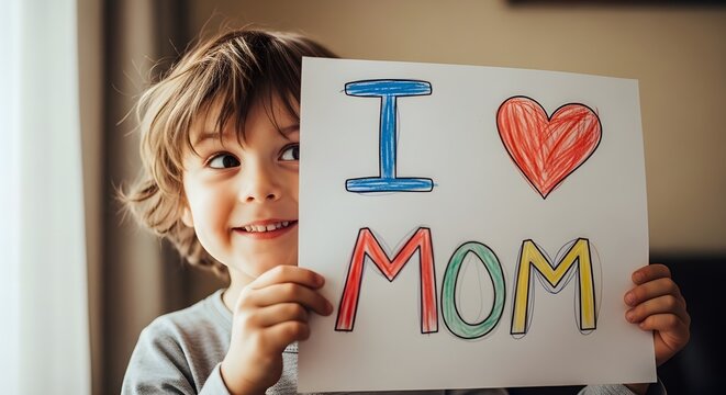 child holding &ldquo;I love mom&rdquo; sign, minimal background