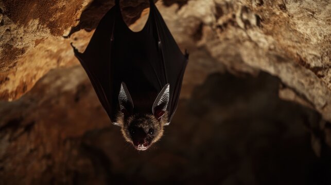 Detailed Close-Up of Bat Hanging Upside Down in Cave Environment