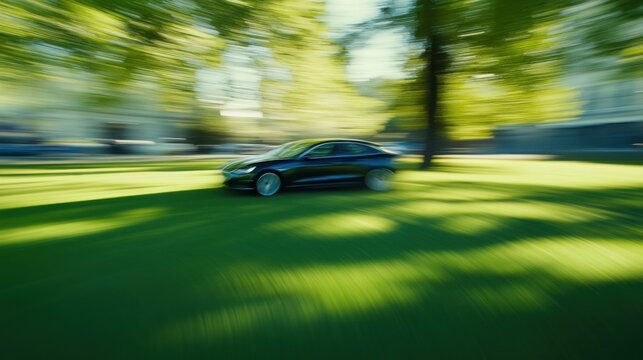 Dynamic Motion of Black Sedan on Green Grass in Bright Sunlight