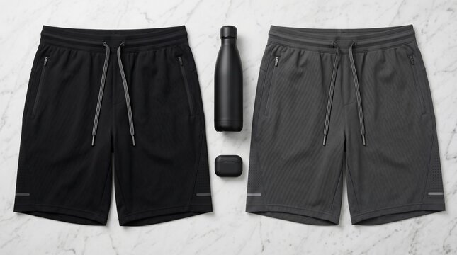 Flat lay of black and grey men's performance sports shorts with drawstring and zipper pockets, accompanied by a black water bottle and wireless earbuds on a white marble background.