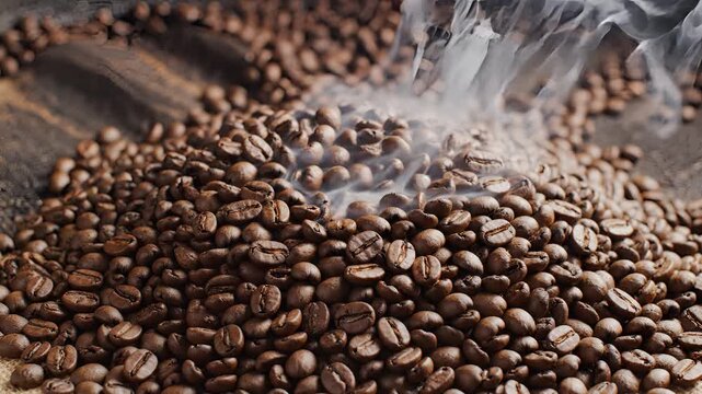 Closeup of freshly roasted coffee beans with steam rising.