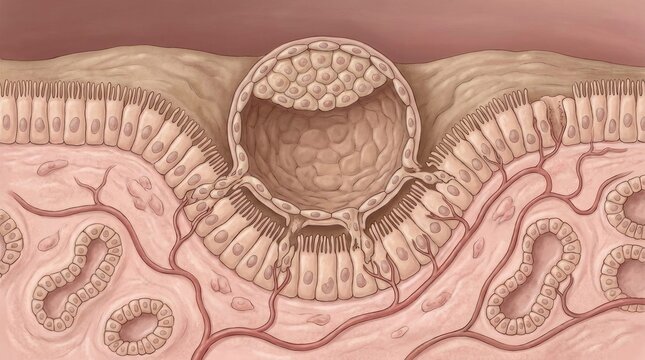 Microscopic life journey: human embryo, cell divide, uterus attach, early gestation, internal anatomy, biological process, new organism, natural beginning, prenatal period.