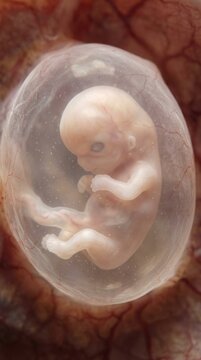Developing organism progress: human embryo, fetal development, womb habitat, amniotic sac, cellular division, prenatal growth, uterine environment, medical science, biological life.