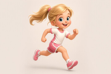 Fototapeta premium 3D cartoon child sprinting in a white and pink athletic outfit, captured in a fast, powerful running motion on a clean light background.