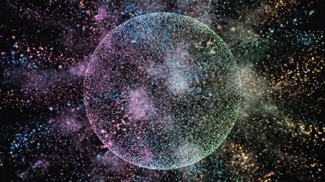 Colorful digital particle explosion expanding in a sphere on black background