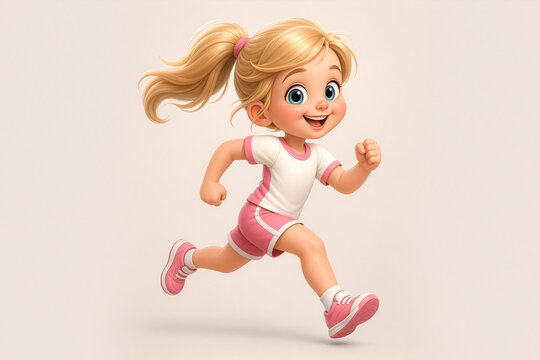 3D cartoon child sprinting in a white and pink athletic outfit, captured in a fast, powerful running motion on a clean light background.