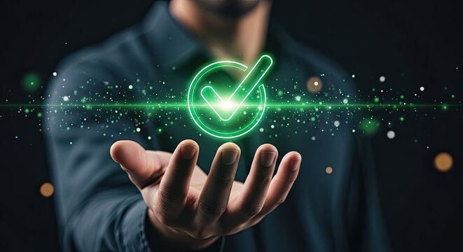 Business corporate security man holding a glowing green checkmark symbolizing data protection and trust
