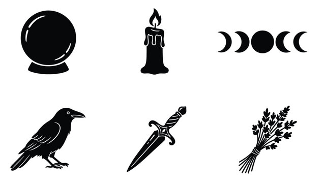 Witchcraft and Occult Symbols Icon Set - Crystal Ball, Triple Moon, Crow, Dagger, Candle, Herbs