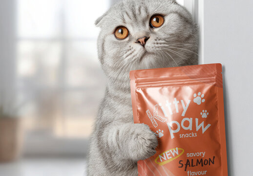 Cute Cat Holding Salmon Snacks Packaging Mockup PSD