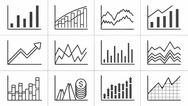 A collection of twelve black and white line art vector graphic icons depicting various financial and statistical charts and graphs on a white background