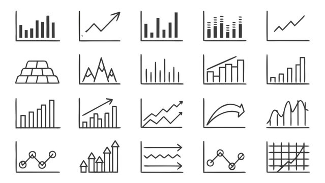 A collection of 16 line art icons depicting various business and finance chart and graph styles in a minimalist flat design