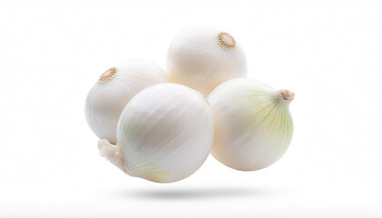 Fototapeta premium Fresh white onions isolated on white background, group of whole organic white onion bulbs