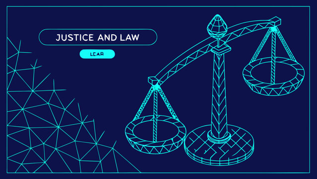 A vector graphic illustration of a scale of justice with the words Justice and Law on a dark blue background with a geometric pattern