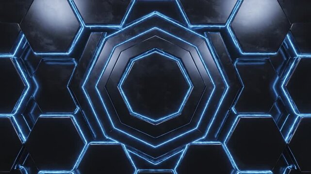 Dark futuristic background with glowing blue neon light lines between metallic hexagonal and octagonal plates in a seamless loop