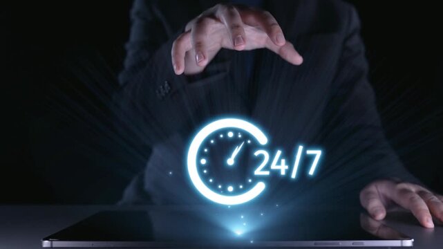 A captivating illustration showcasing a hand gesturing towards glowing icons on a laptop, symbolizing 24 hour availability and digital assistance in the modern world. Qubit